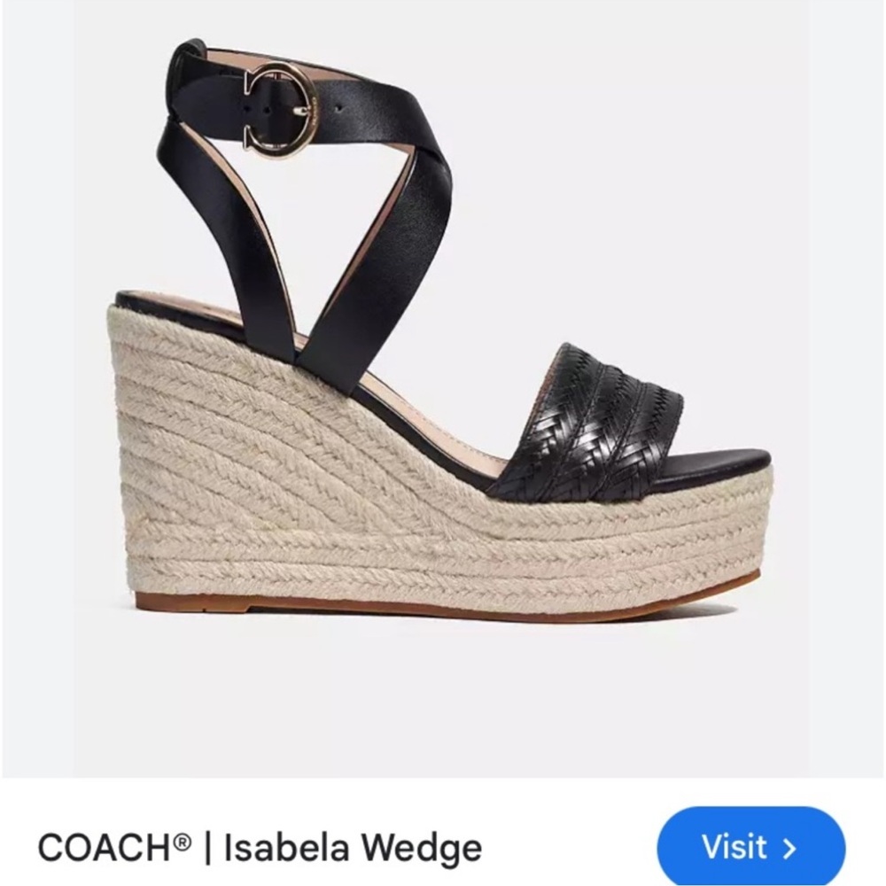 Coach Isabela Black Leather Espadrille Wedge Sandals